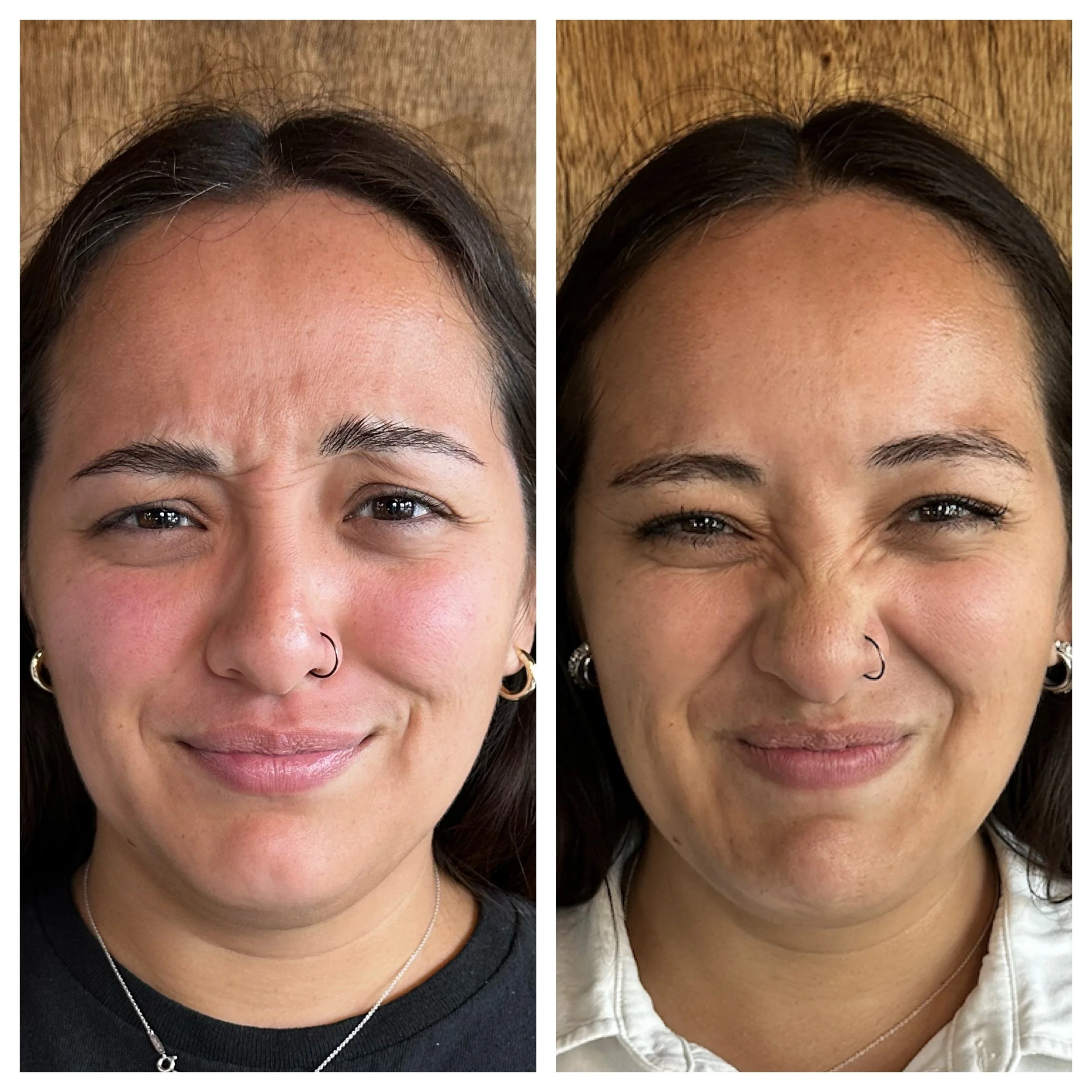 Side-by-side photos of a woman with dark hair, wearing earrings and a nose ring, showing a before-and-after expression with different facial expressions.