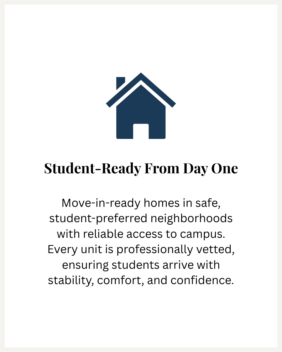 Icon of a house with a chimney, representing home or housing. Below, text reads 'Student-Ready From Day One' and describes move-in-ready homes in safe neighborhoods with reliable campus access, professionally vetted units, ensuring student stability,