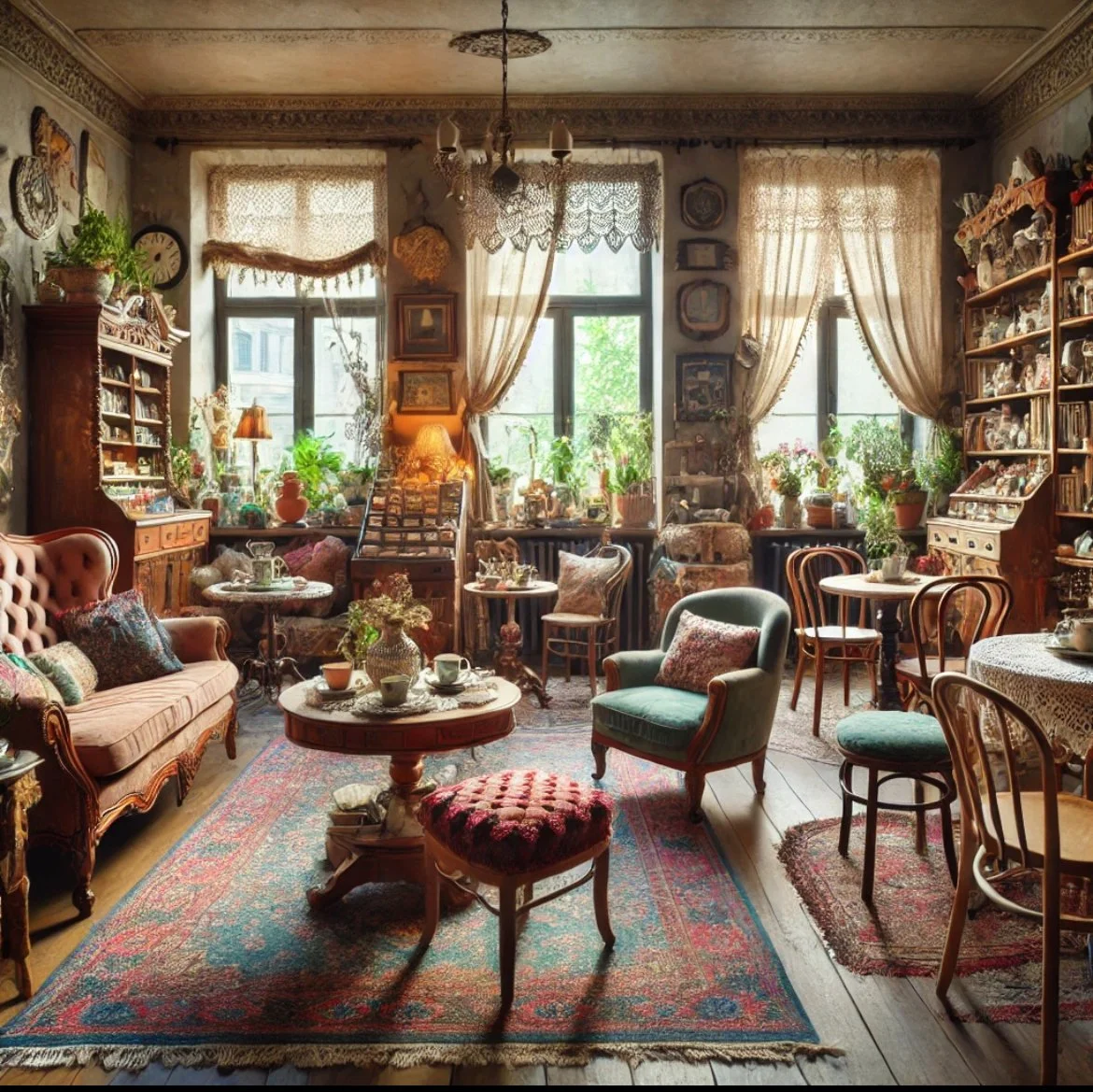 A living room space with many chairs, tea-cups, curtains, and plants. Warm colors. Homey and welcoming.