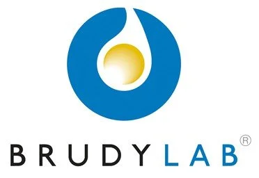 Logo de Brudy Lab con símbolo azul y amarillos.