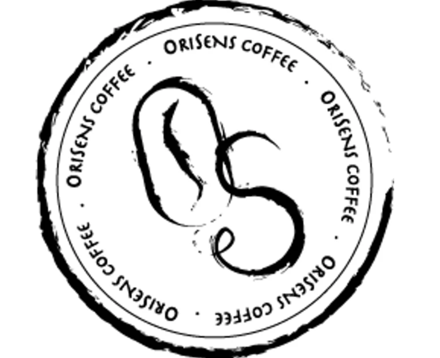 Logo circular de una cafetería llamado Orisens Coffee con una ilustración de un grano de café en el centro.