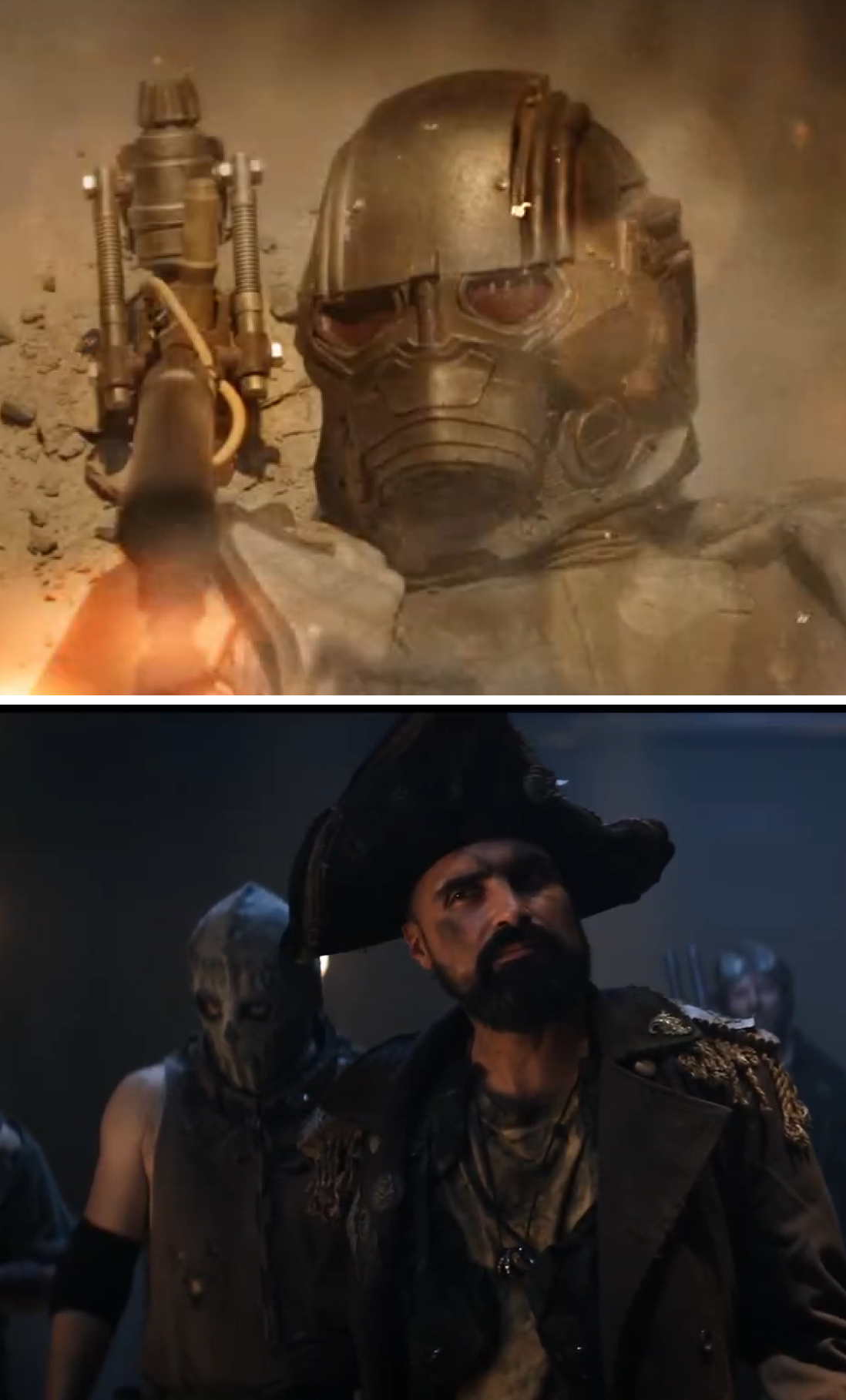 Two scenes from a movie: the top shows a person in a futuristic helmet lying in the dirt with a weapon, the bottom shows a man dressed as a pirate or naval officer with a stern expression, wearing a large hat and military-style clothing, with other characters in the background.