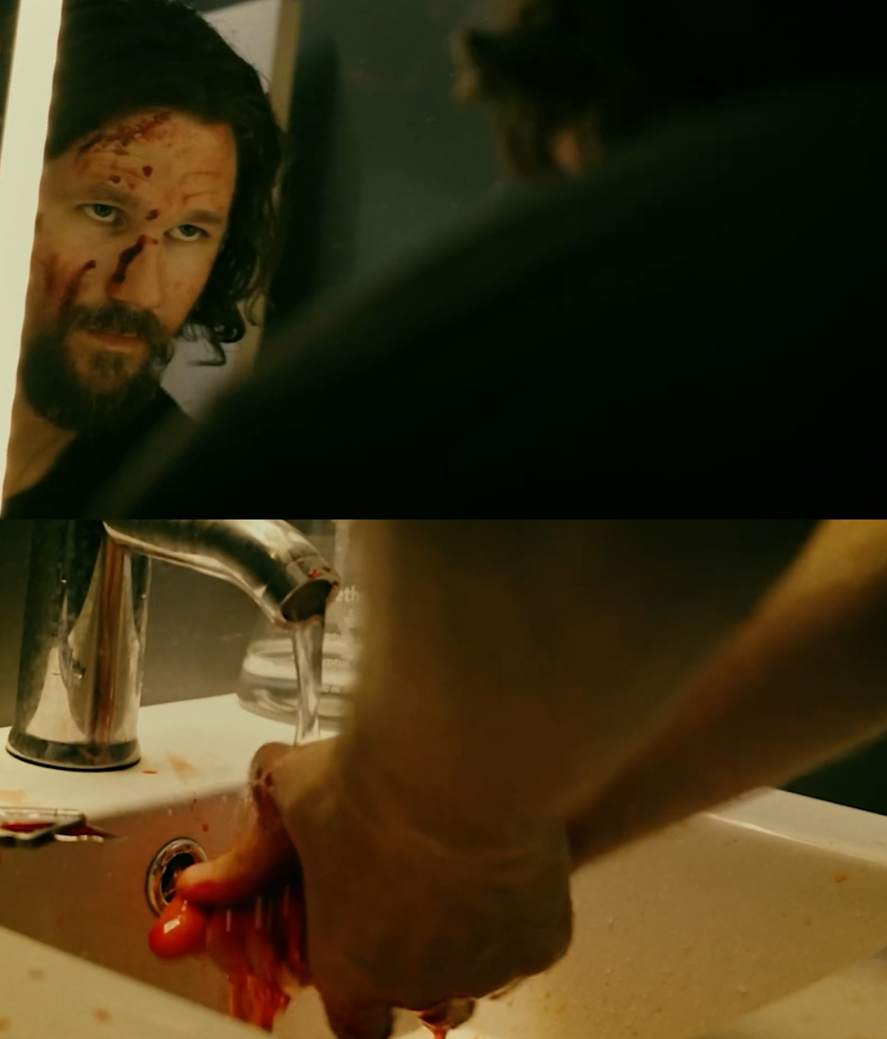 A scene from a movie showing a man with long hair and a beard looking at a mirror with blood on his face, and another person washing blood off a piece of raw meat in a kitchen sink.