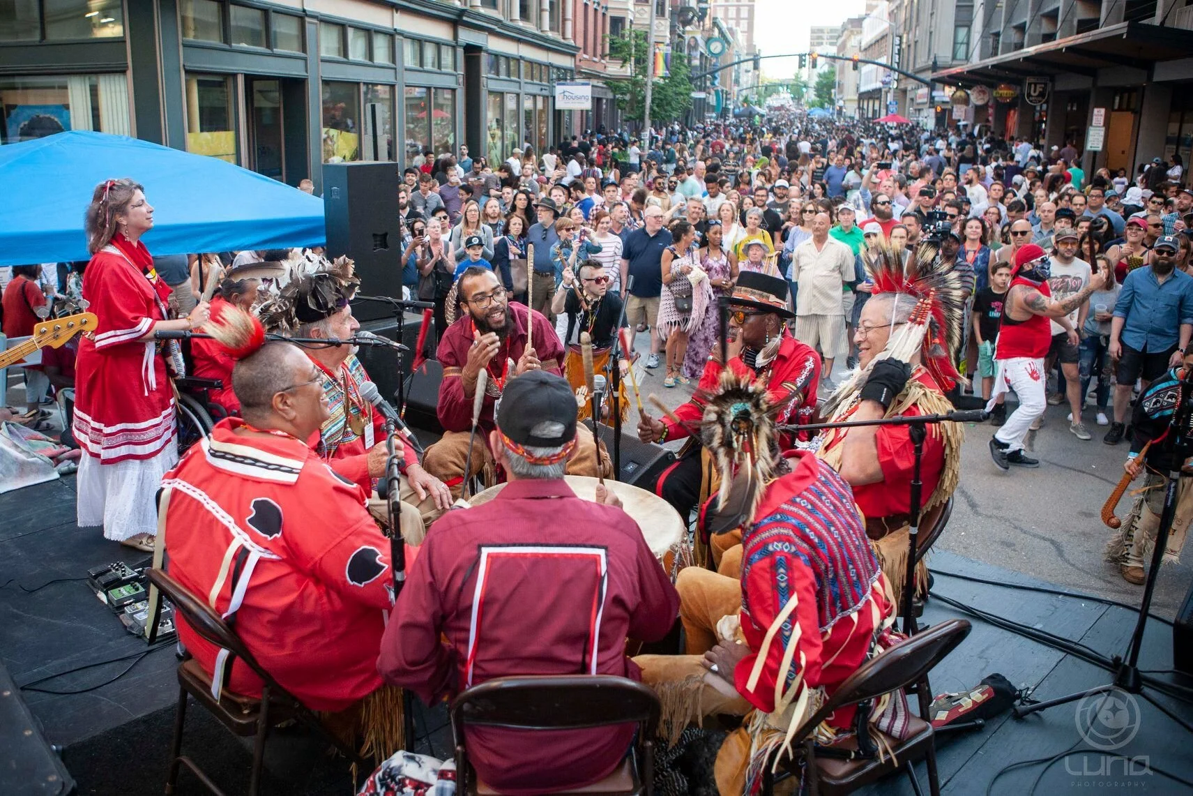 Raymond Two Hawks Watson (center) at PVDfest performing with Eastern Medicine Singers in 2019 photo by Jeny Hernandez-Watson