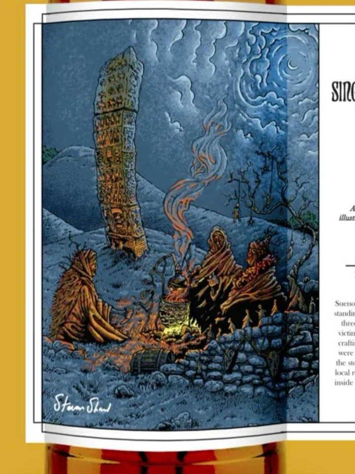 THE THREE WITCHES OF SEUNO&rsquo;S STONE

Illustrated for the whisky label of a 21 year old Glenlossie for the  2025 release of @lady_ofthe_glen Samhain Series. 

Standing at six and a half meters tall, Sueno&rsquo;s Stone in Forres is the largest su