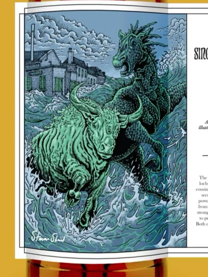 The Tarbh-Uisge Vs The Each-Uisge

Originally illustrated for Samhain Series 2025 - Bruichladdich Distillery Islay Single Malt Scotch
15 Year Old, 1st fill Bourbon Barrel. limited to 245 bottles.

The Tarbh-uisge, or water bull, is believed to inhabi