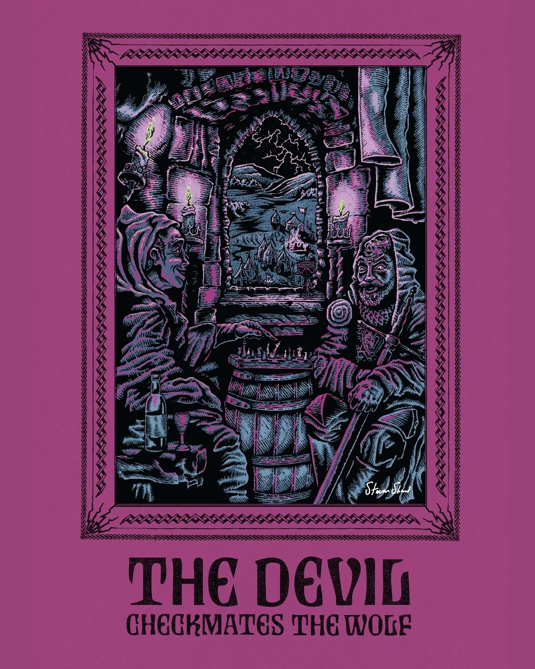 Samhain Series re-edition: The Devil Checkmates The Wolf 

Pen, ink and colour illustration on fine art giclee print.

Originally illustrated for Samhain Series 2024 - Auchroisk Distillery Speyside Single Malt Scotch
10 Year Old, 1st fill ex PX Octav