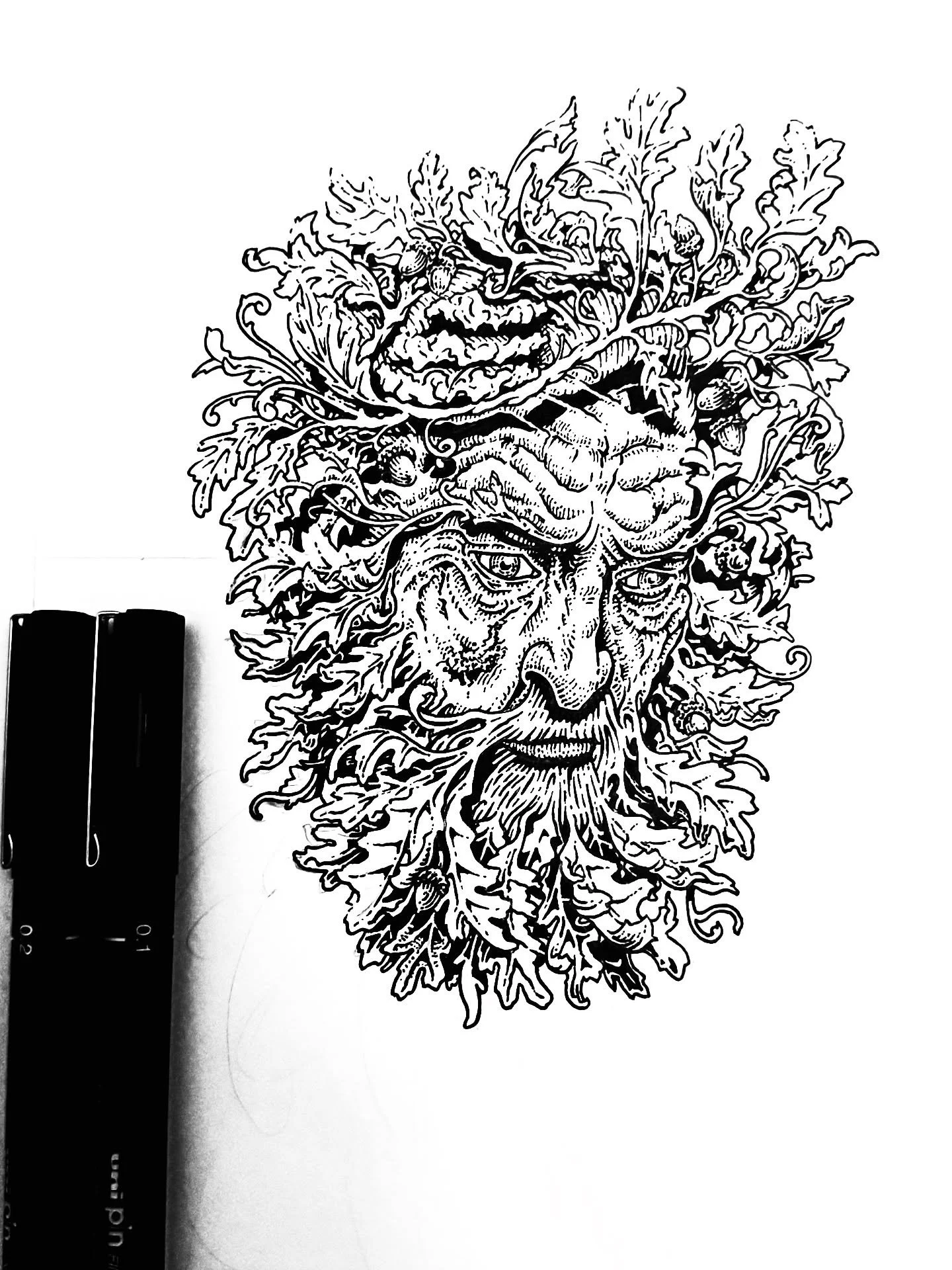 Some progress on the Oak King Foliate face.

Pen and ink on Bristol Board