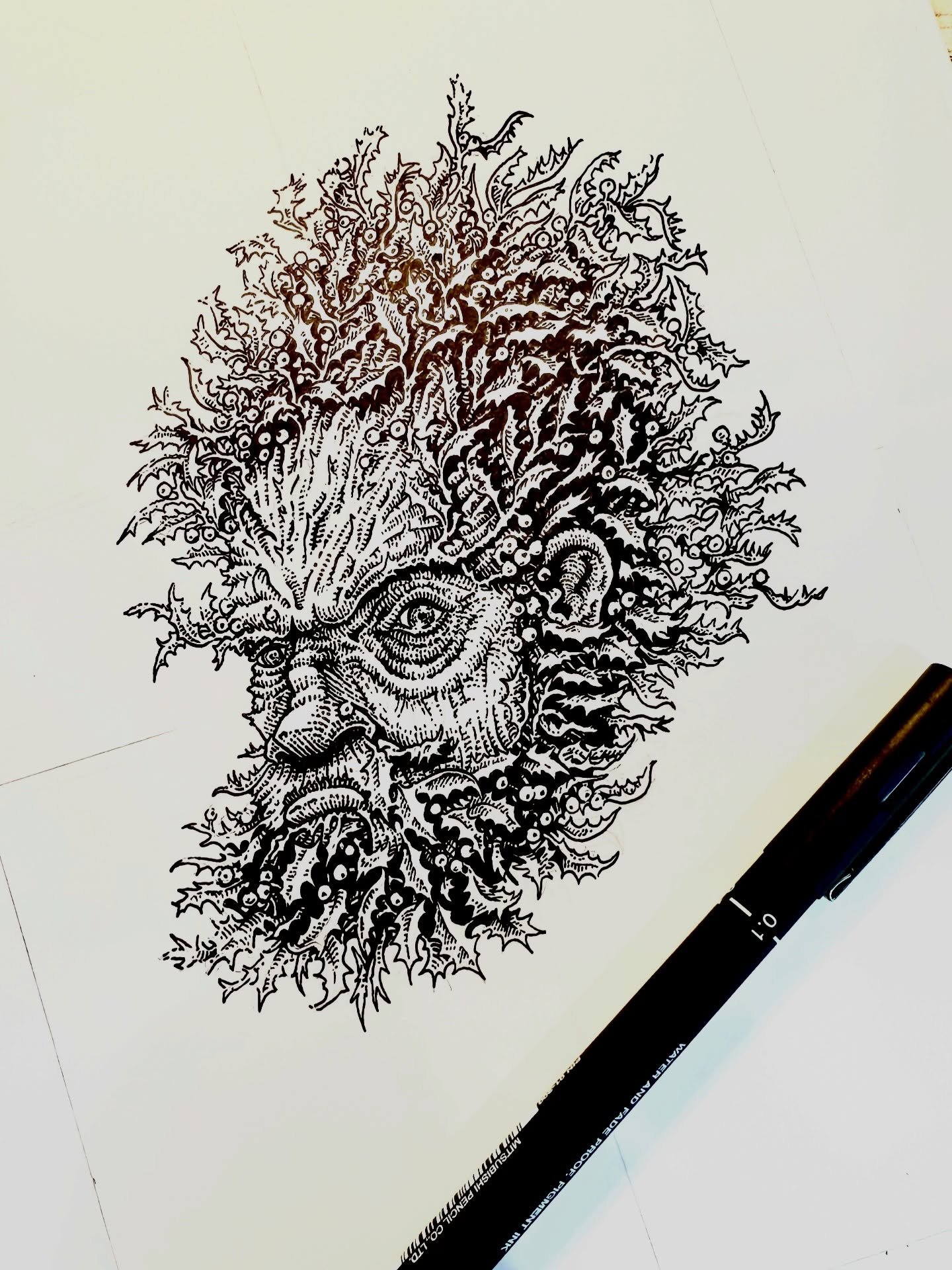 The Holly King Foliate Face WIP.

Fine liner and ink on Bristol Board.

#greenman #foliateface #scottishartist #ogham #illustration