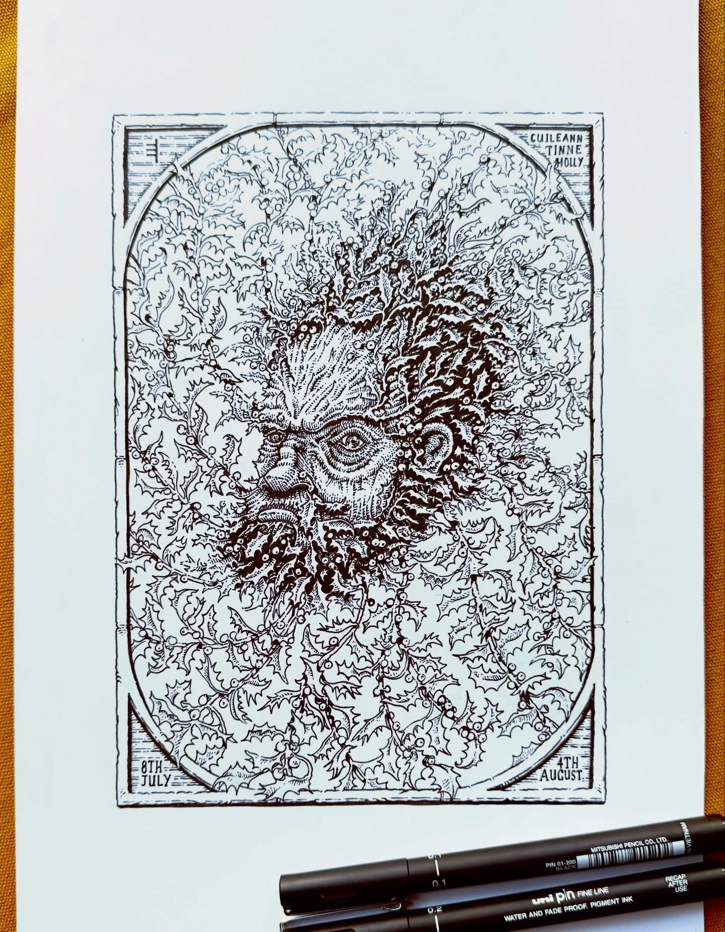 The Holly King Foliate Face, inking complete. 

Fine liner, pen and ink on Bristol board.

The Holly tree signals the 8th lunar cycle of the celtic year and the darker, colder half of the year, taking over from the Holly King.