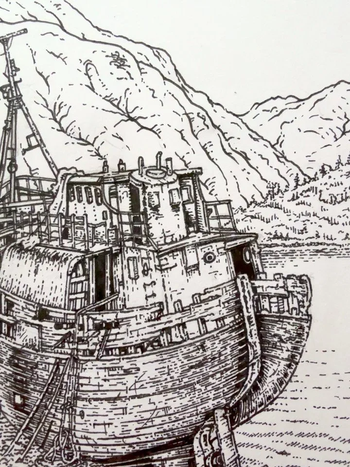 The Corpach Shipwreck.

5 hour pen and ink on bristol board.

To colour or not?