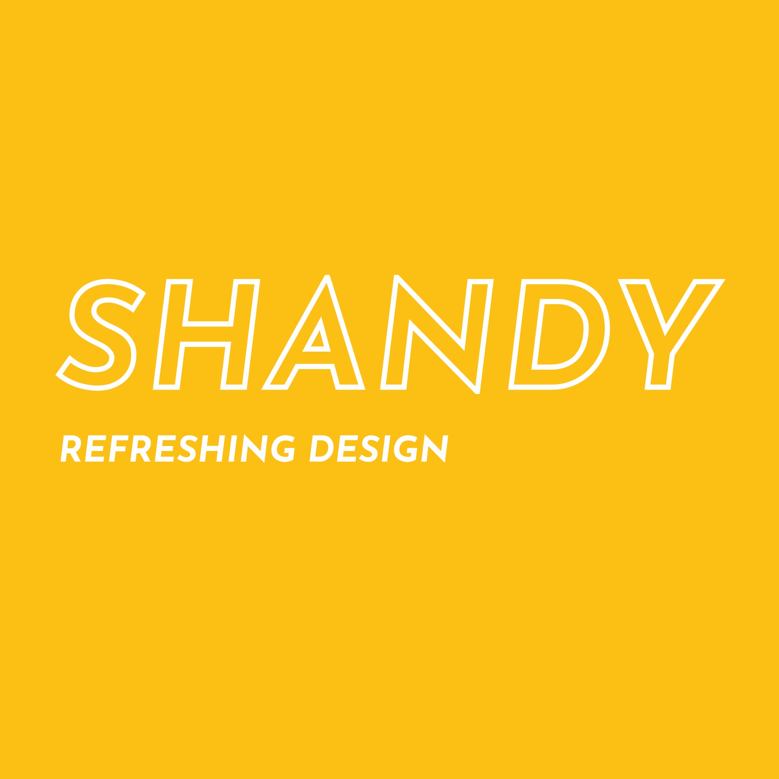 Yellow background with white text reading 'SHANDY REFRESHING DESIGN.'