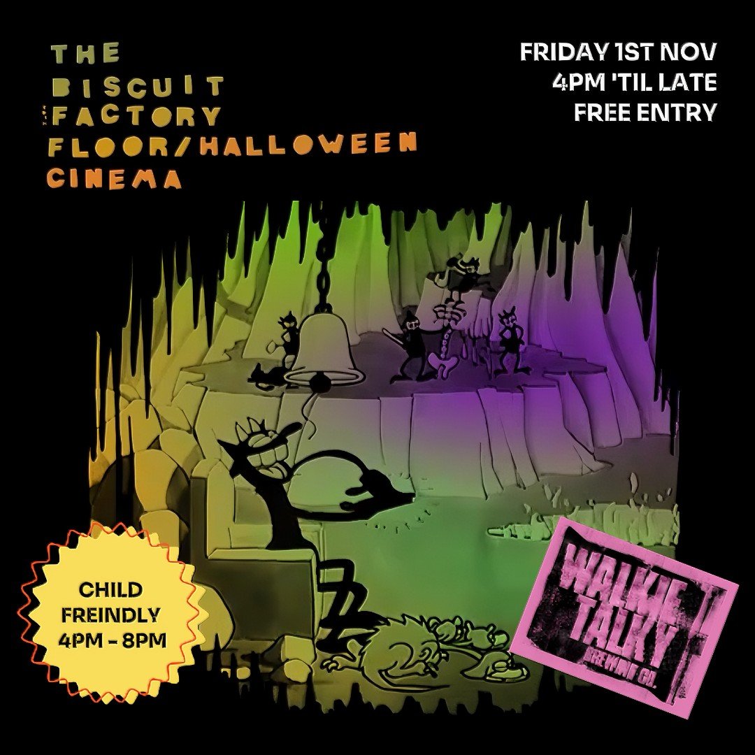Halloween-themed event poster for "The Biscuit Factory Floor / Halloween Cinema" featuring cartoon-style illustration with bats, a bell, and skeletons. Event details: Friday, 1st November, 4 PM 'til late, free entry. Child-friendly 4 PM - 8 PM. Text