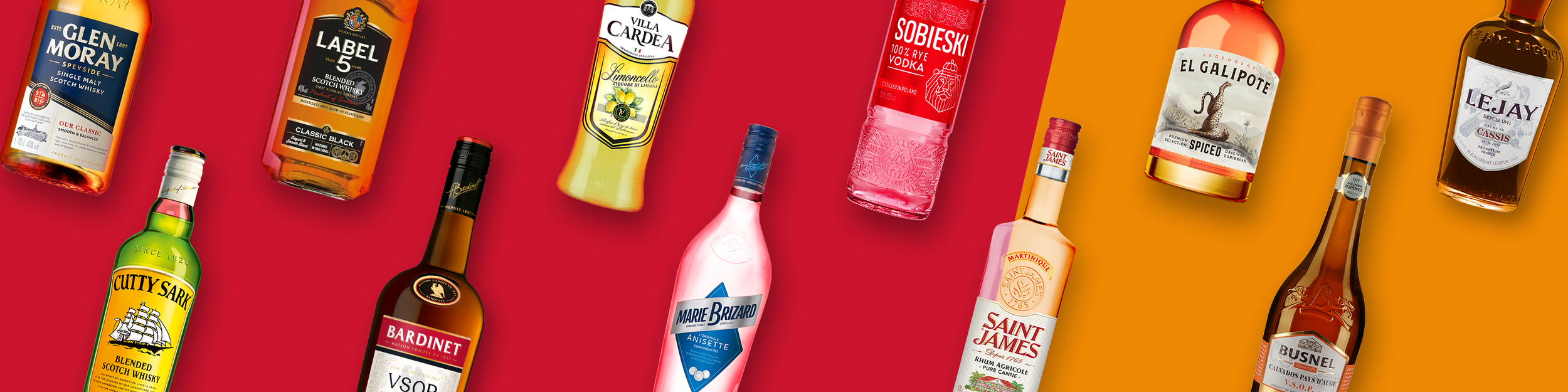 Assorted liquor bottles displayed on a colorful background, featuring brands like Glen Moray, Label 5, Villa Cardea, Sobieski, Cutty Sark, Bardinet, Marie Brizard, Saint James, Busnel, El Galipote, and Lejay.