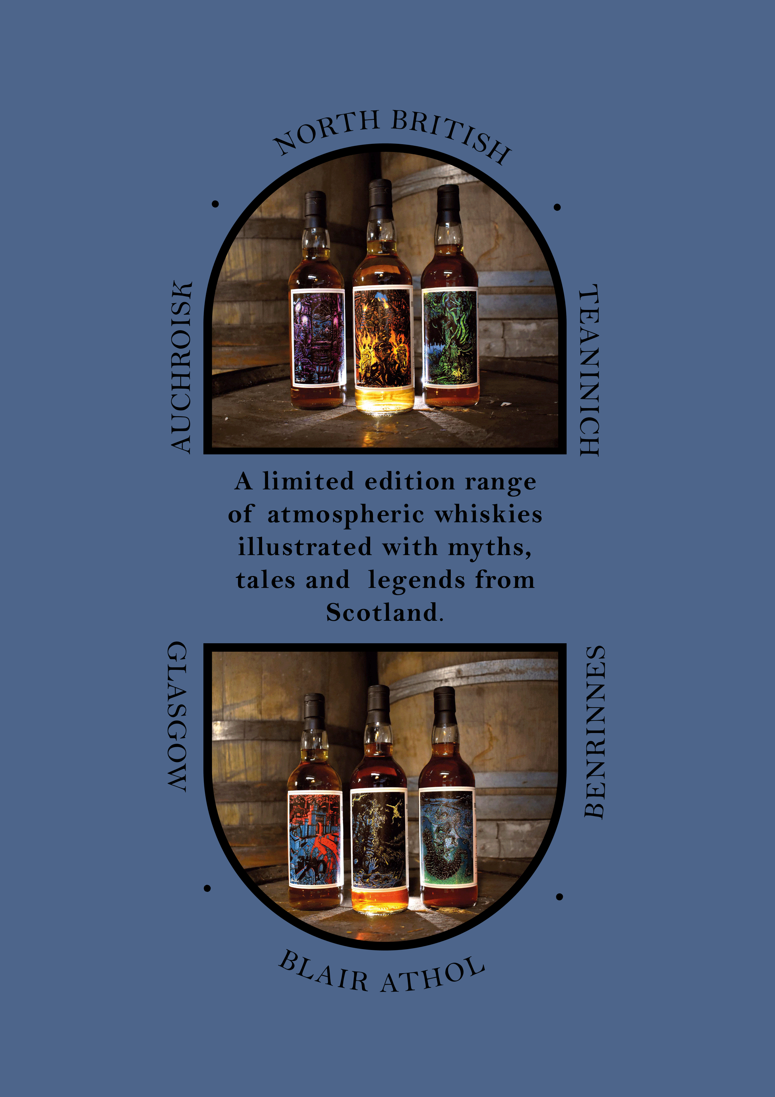 Three bottles of whisky labeled with mythical illustrations, part of a limited edition range from Scotland, surrounded by text listing distilleries: North British, Teaninich, Benrinnes, Blair Athol, Auchroisk, and Glasgow, with descriptions of the at