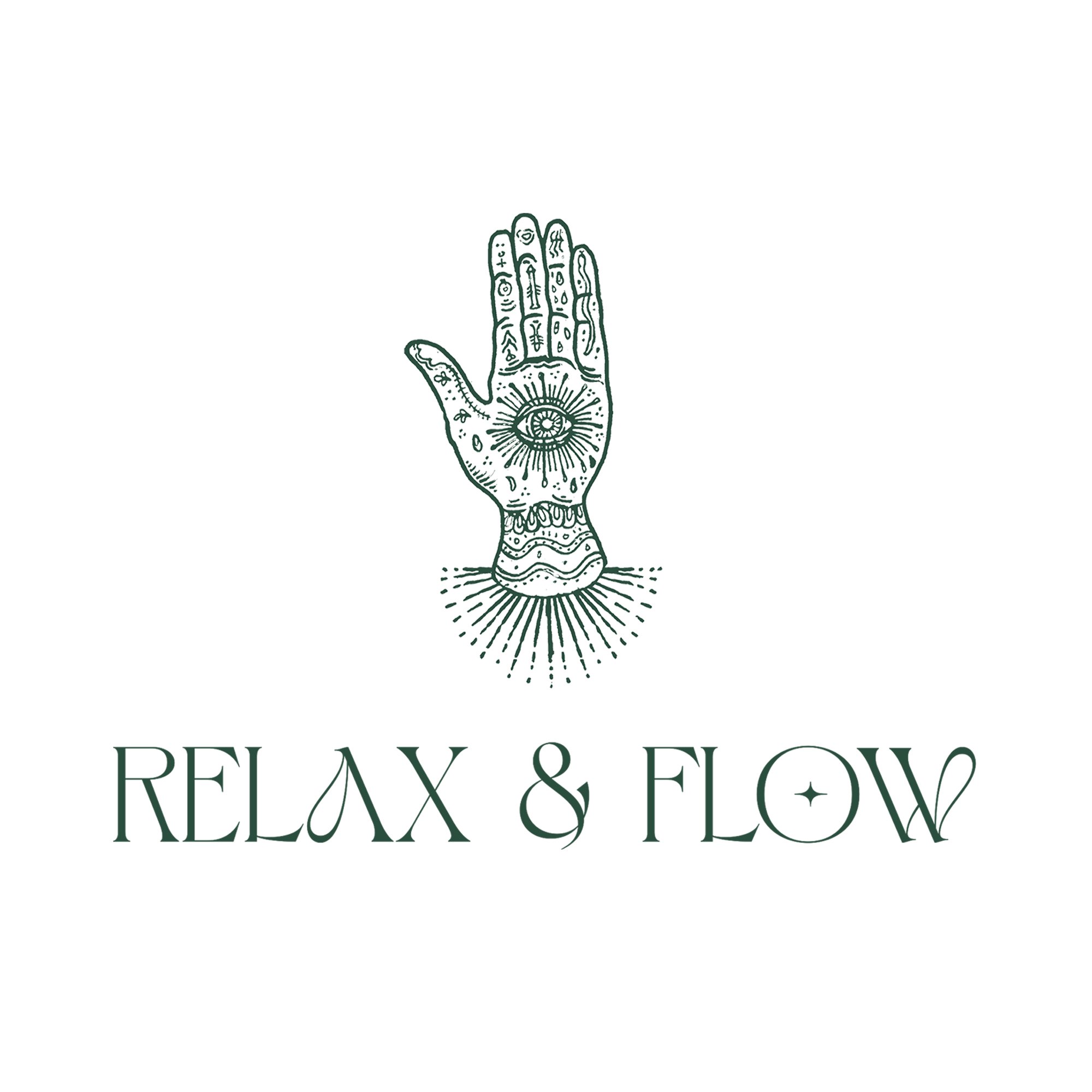 Illustrated hand with an eye design on the palm, surrounded by symbols, above the text 'Relax & Flow' in stylized font.