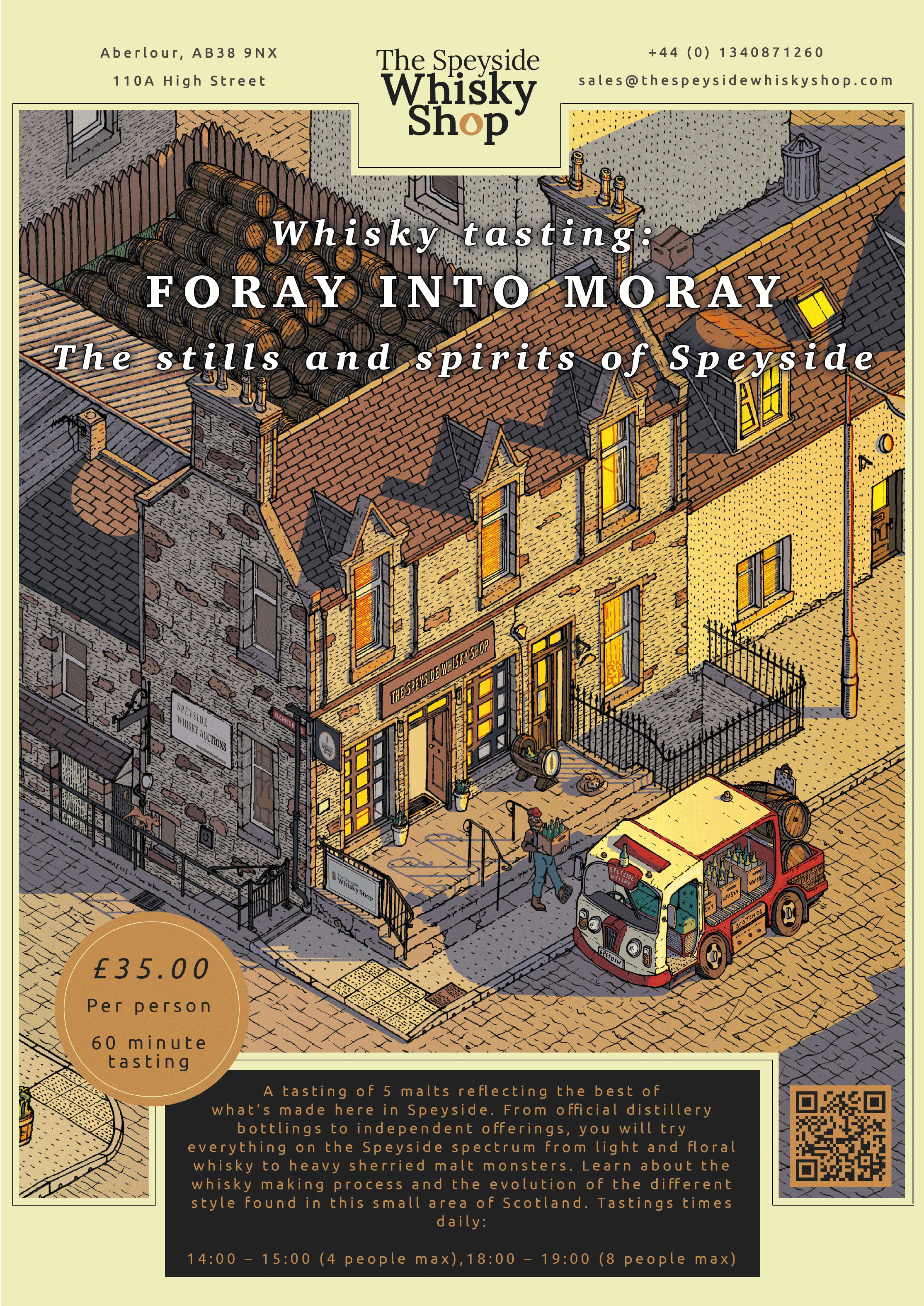 Illustrated poster for a whisky tasting event at The Speyside Whisky Shop, titled 'Foray into Moray: The Stills and Spirits of Speyside.' Features an outdoor scene of a street and building with barrels, event details, pricing, and booking information