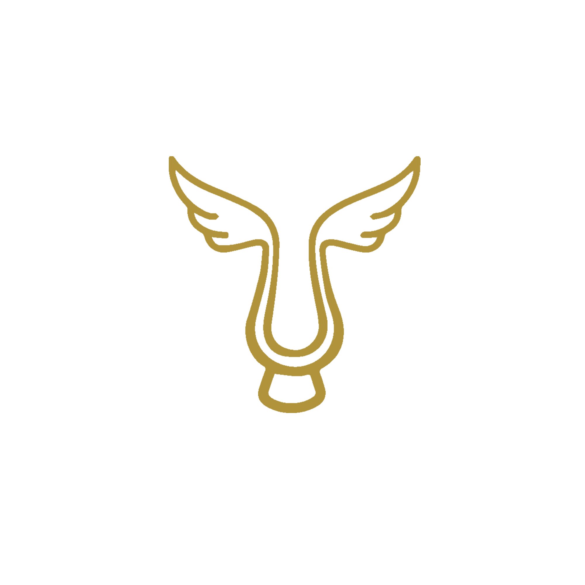Abstract golden logo with wings resembling a stylized angel or bird on a white background.