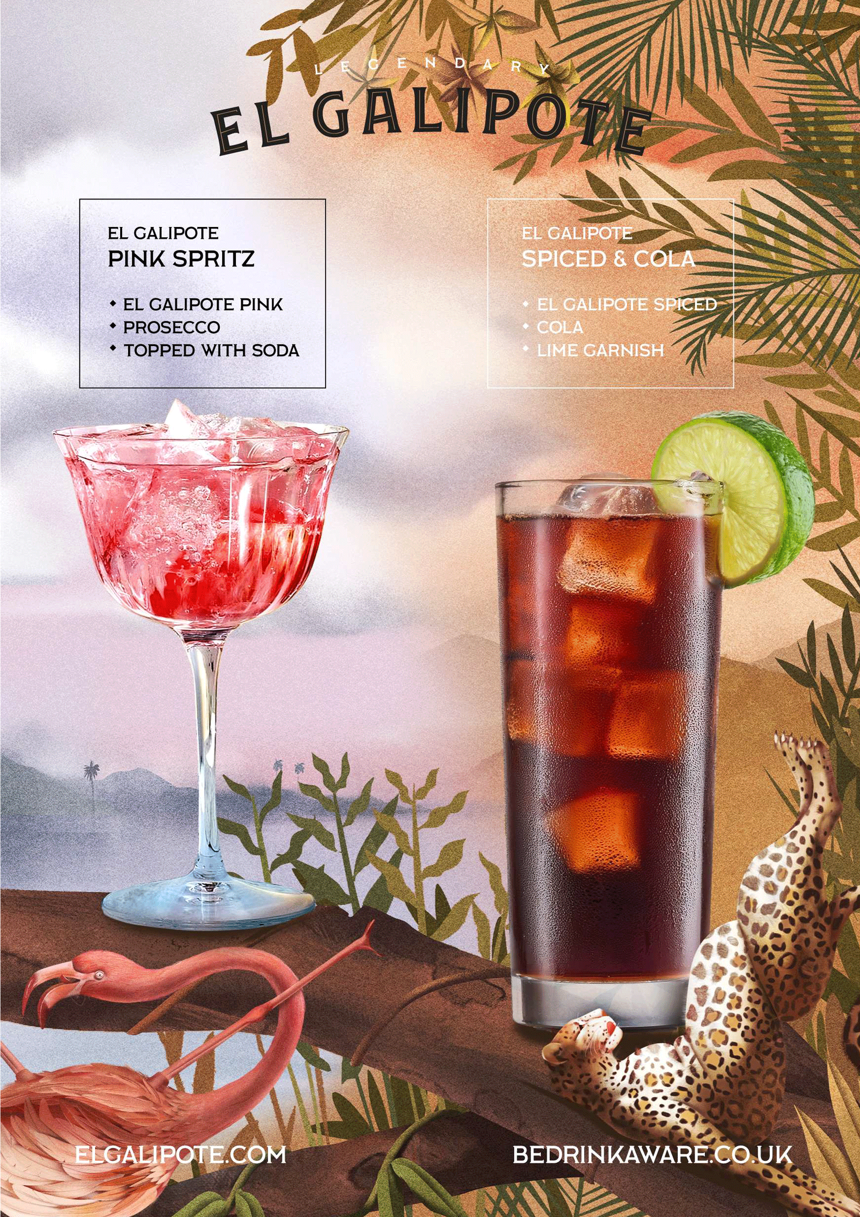 Promotional image for El Galipote featuring two cocktails: Pink Spritz and Spiced & Cola. The Pink Spritz contains El Galipote Pink, Prosecco, and soda, showcased in a coupe glass. The Spiced & Cola consists of El Galipote Spiced, cola, and a lime ga