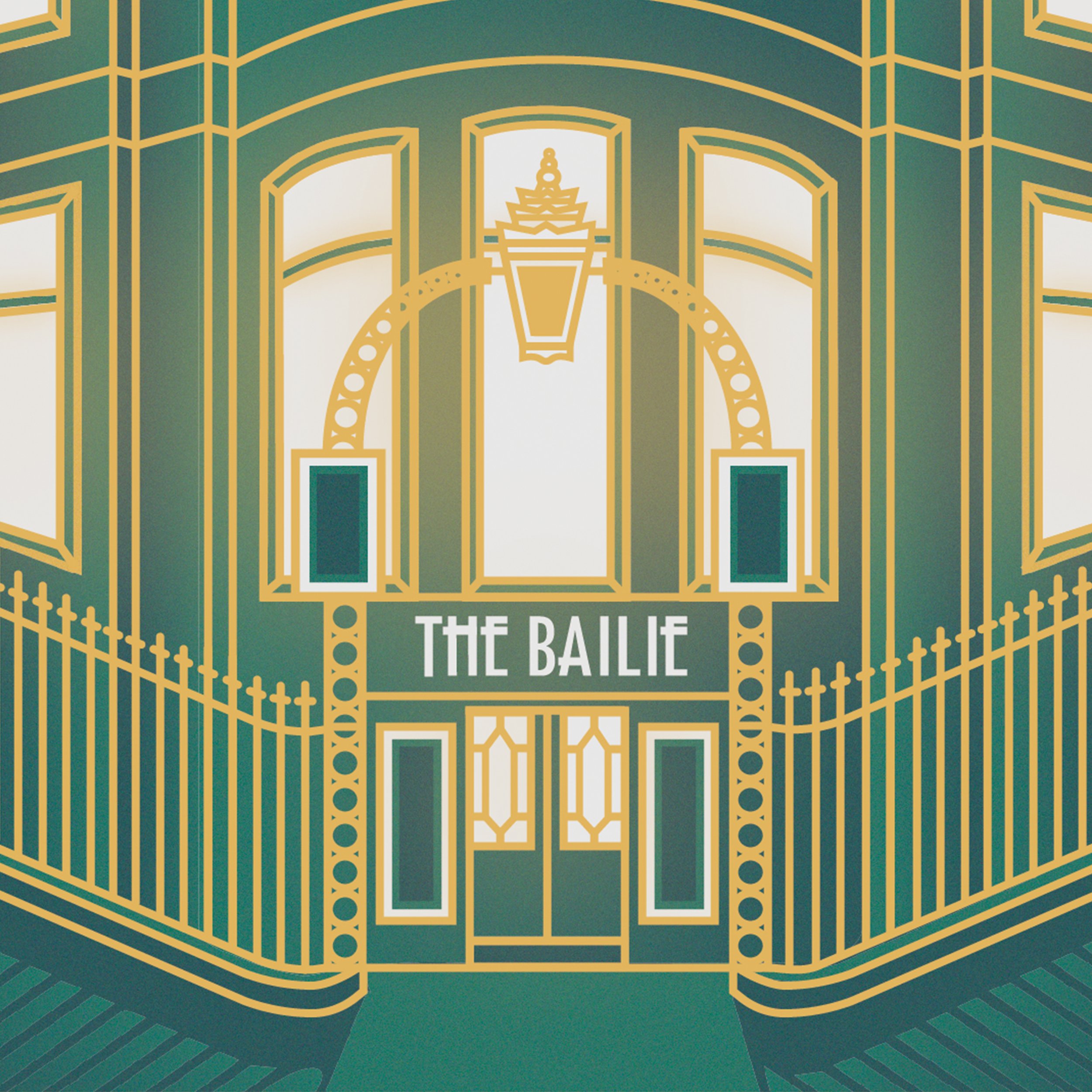 Illustration of an Edinburgh pub called 'The Bailie' with decorative arches, a lantern, and windows.