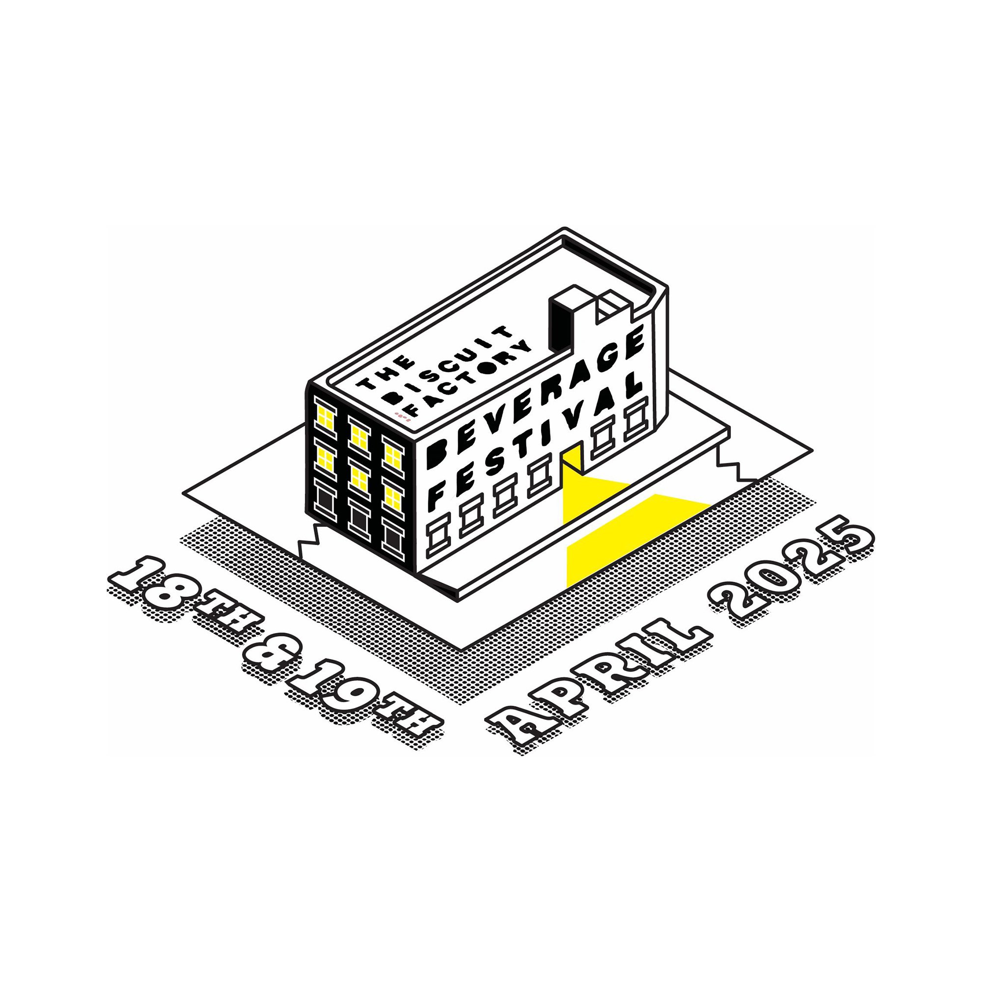 Illustration of a building labeled "The Biscuit Factory Beverage Festival" with the event date "18th & 19th April 2025" below.