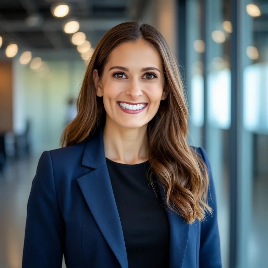 Professional woman smiling in a business setting, wearing a navy blazer and black top.