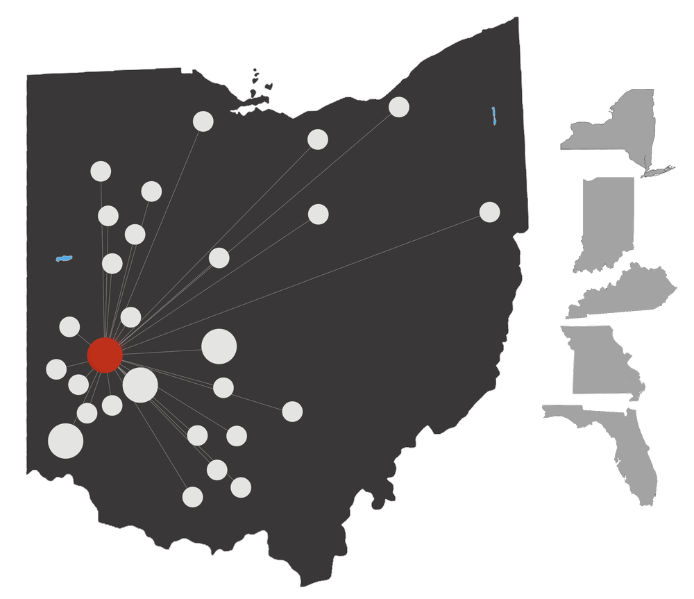 Map of the United States showing connections originating from a large red dot in the center, with smaller white dots spread across the country, indicating data points or connections related to that central location.