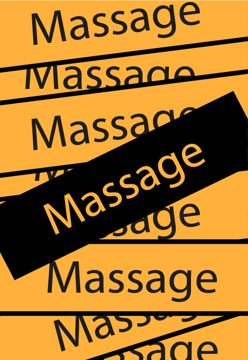 Mehrere orange und schwarze Streifen mit dem Wort 'Massage' in schwarzer und oranger Schrift, das mehrfach wiederholt wird.