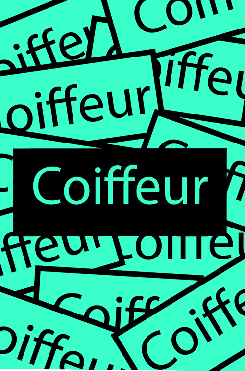 Mehrere stilisierte Visitenkarten mit der Aufschrift "Coiffeur" auf hellblauem Hintergrund