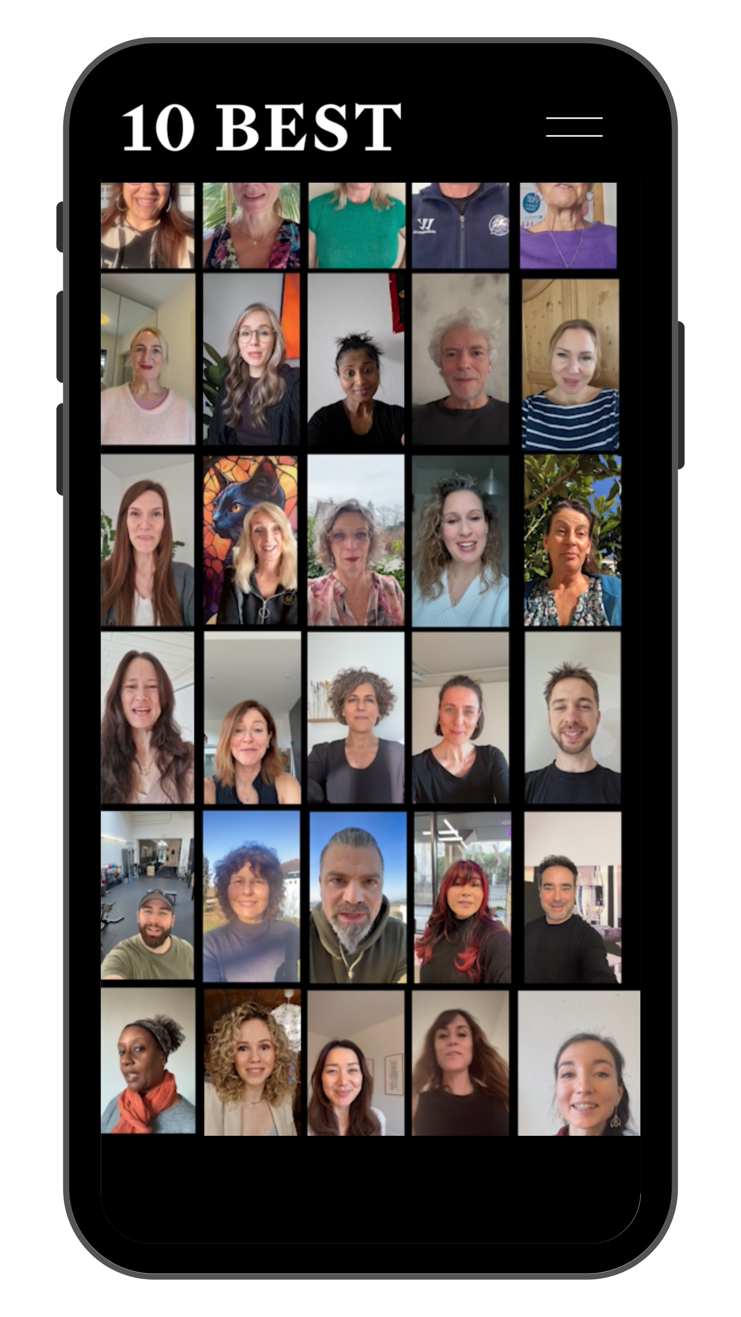Screenshot eines Mobile-Apps mit dem Titel '10 BEST', das eine Sammlung von 25 unterschiedlichen Profilbildern von Menschen zeigt, organisiert in einem Raster. Die Bilder zeigen Personen verschiedener Altersgruppen und Ethnien, einige indoors, andere outdoors, mit unterschiedlichen Hintergründen und Ausdrücken.