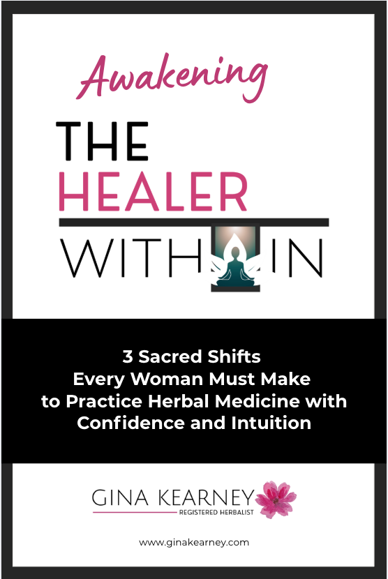 A free guide cover titled 'Awakening the Healer WITHIN' by Gina Kearney, with subtitle about practicing herbal medicine. Features a small illustration of a candle with a face, a lotus flower, and a website link.