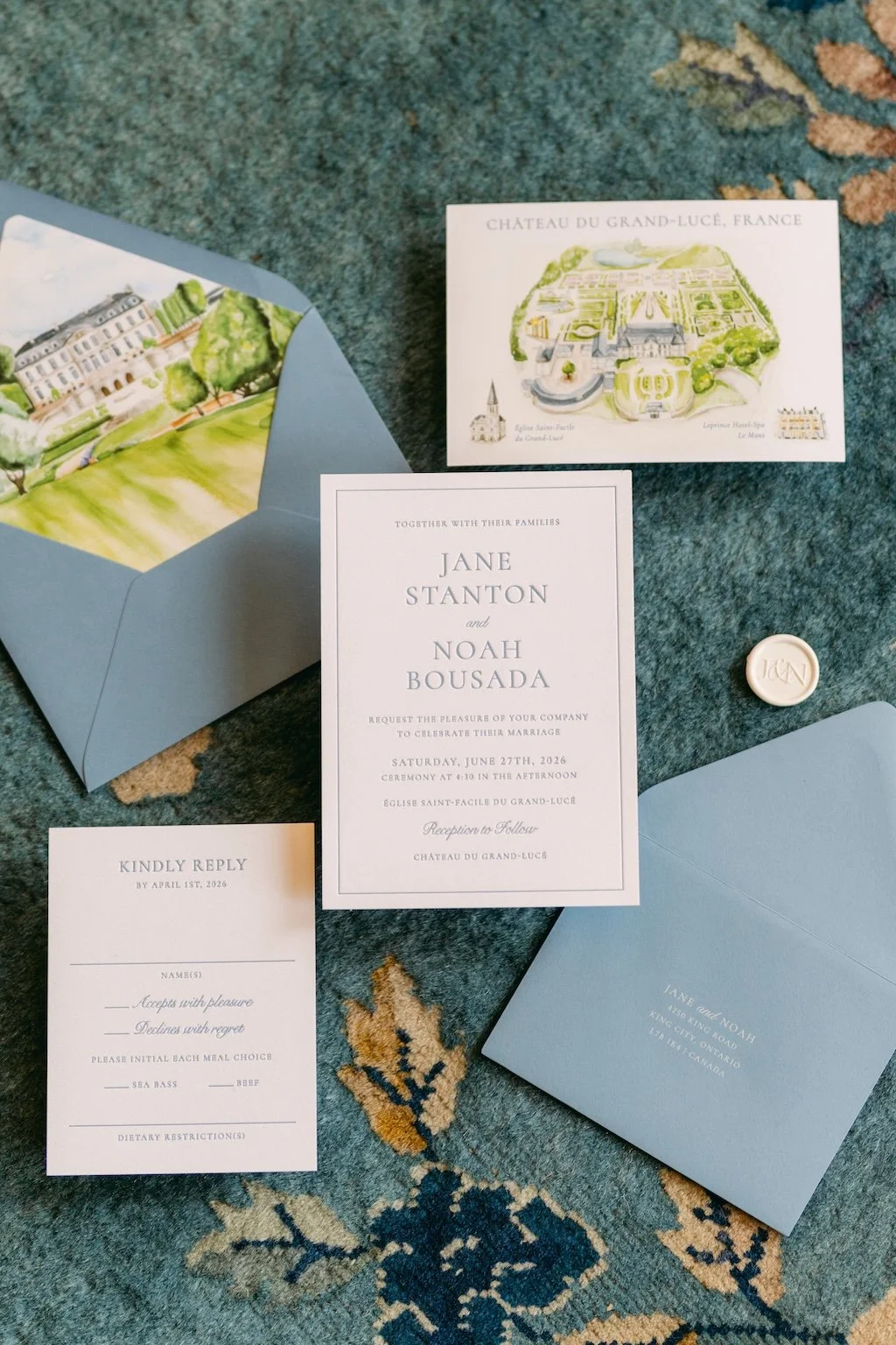 blue and white wedding invite