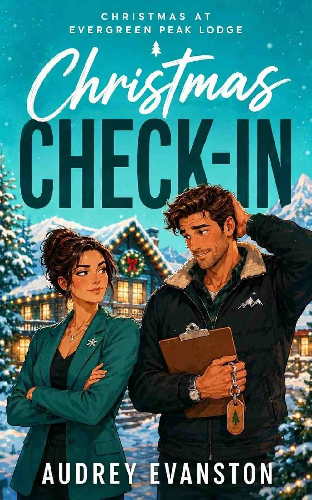 Cover graphic for the 2026 holiday romance Christmas Check-In by Audrey Evanston