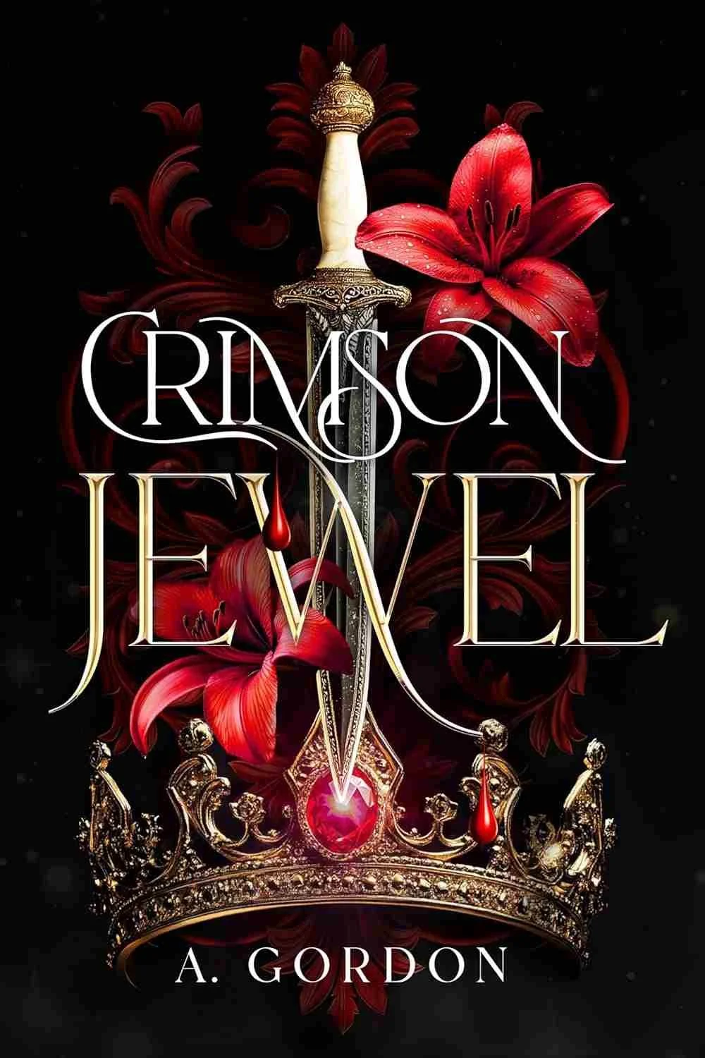 Crimson Jewel by A. Gordon book cover featuring a fantasy romantasy design about a human heroine chosen by giants for a deadly arranged marriage and prophecy in a magical realm