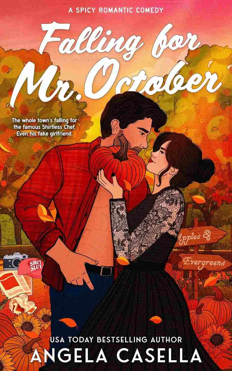 Fall aesthetic cover graphic for the spicy fall romance Falling for Mr. October by Angela Casella