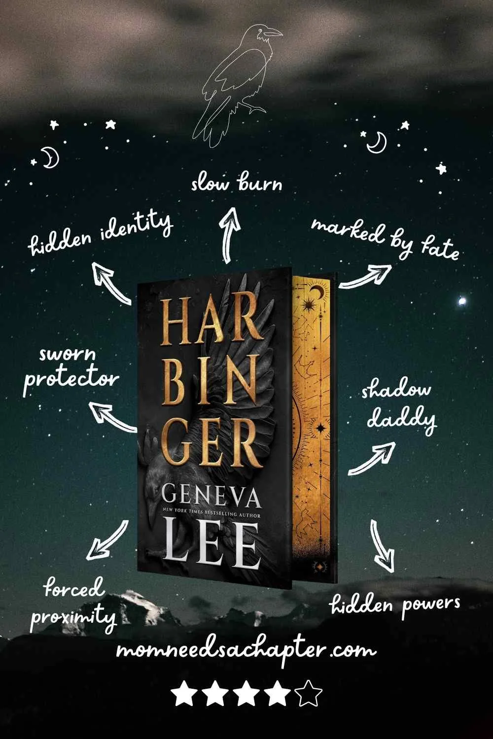 Pin graphic for literary tropes of the new fantasy romance Harbinger by Geneva Lee, releases September 22, 2026