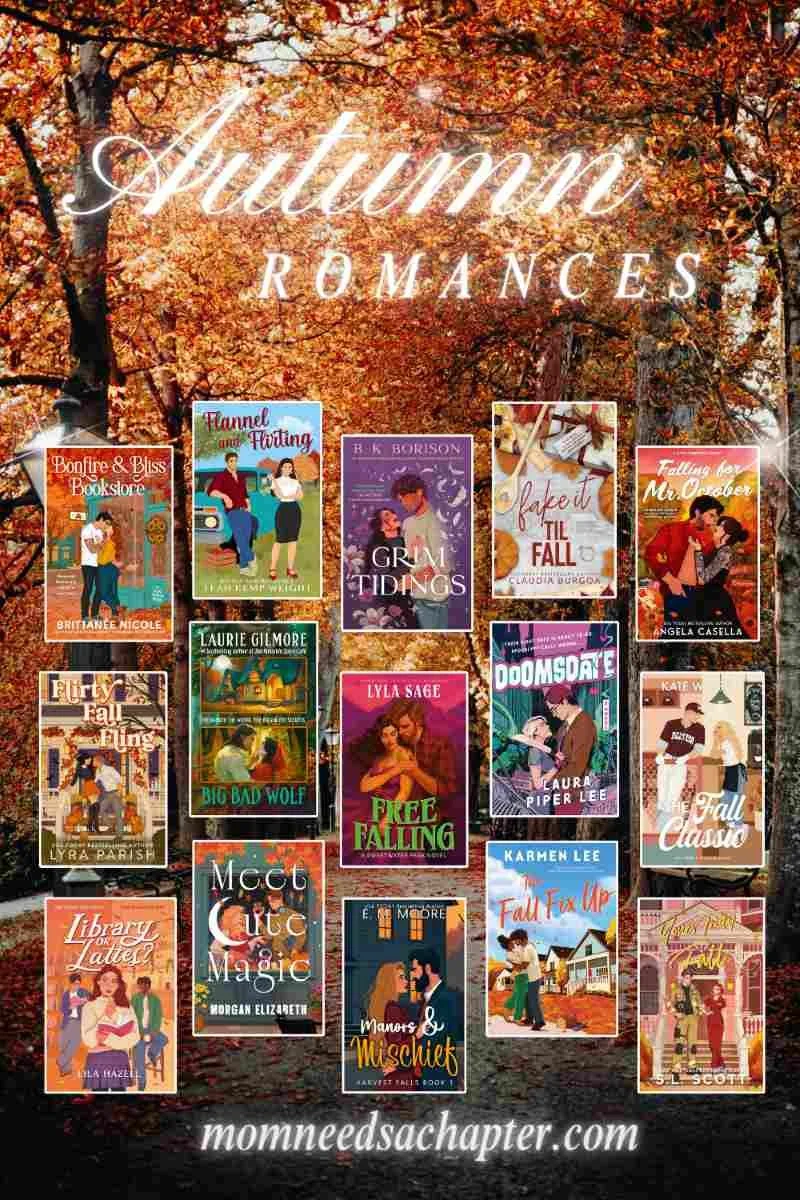 Pinterest graphic for the Autumn Romances blog post featuring book covers showing fall romance reading list