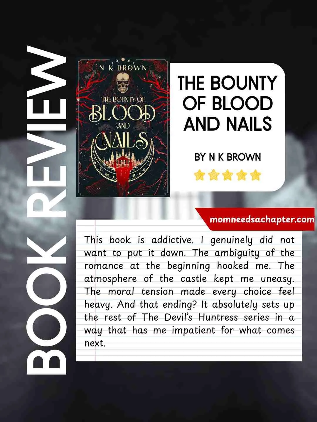 Book cover of The Bounty of Blood and Nails by N.K. Brown with overlay text reading “Dark, Disturbing, Evocative: An Honest Review” from Mom Needs a Chapter blog, featuring a skull illustration with red thorn branches on a dark fantasy background.