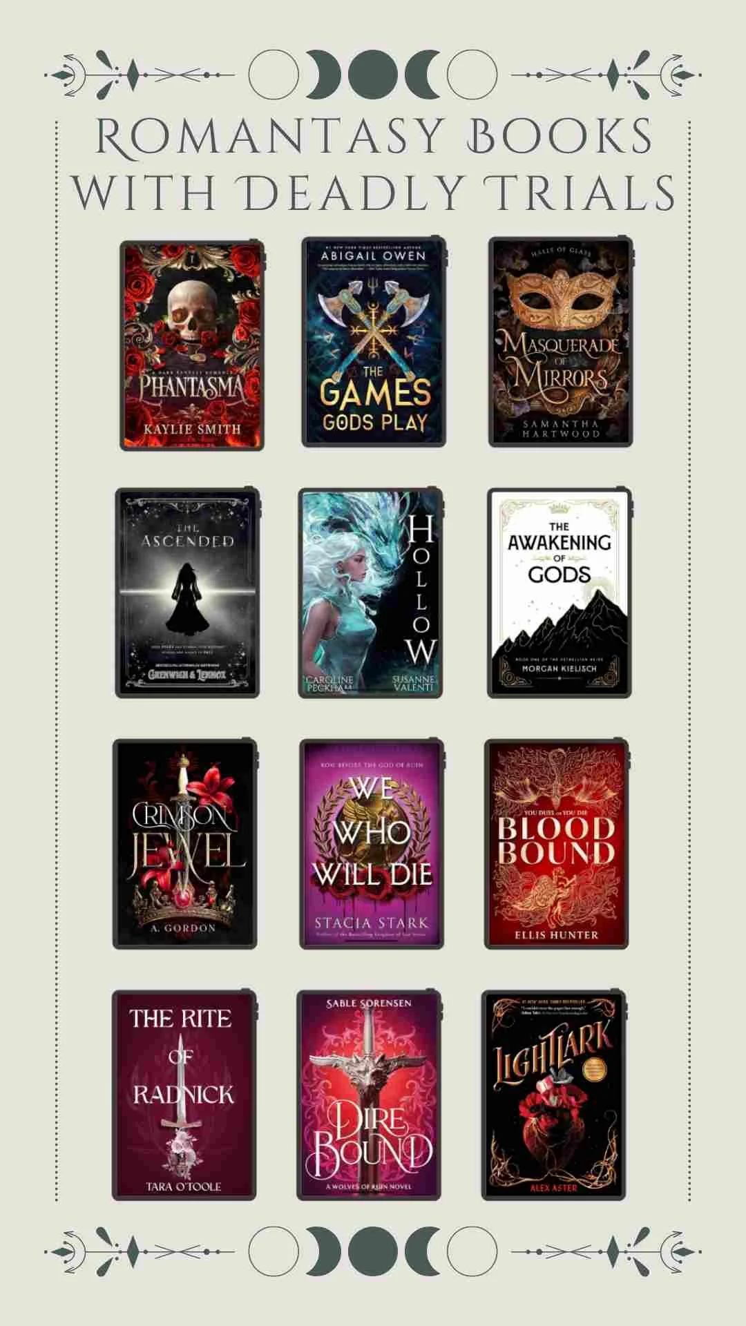 Graphic labeled Romantasy Books with Deadly Trials and book cover graphics for those books