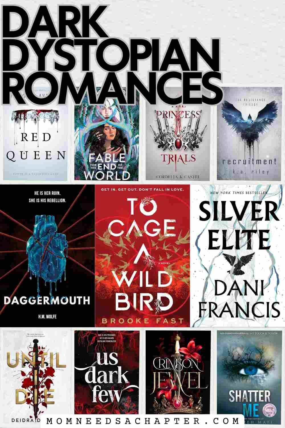 Graphic labeled Dark Dystopian Romances with different book cover graphics for dark dystopian romance novels