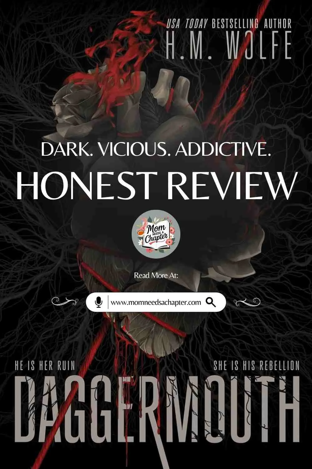 Daggermouth by H. M. Wolfe book review featuring the dystopian romance book cover with text highlighting an honest review, spice rating, favorite tropes, and whether this enemies-to-lovers romance is worth reading.