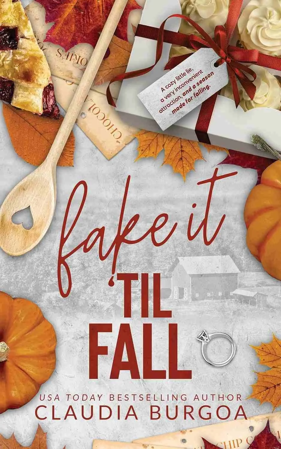 Fall aesthetic cover graphic for the cozy fall romance Fake It Til Fall by Claudia Burgoa