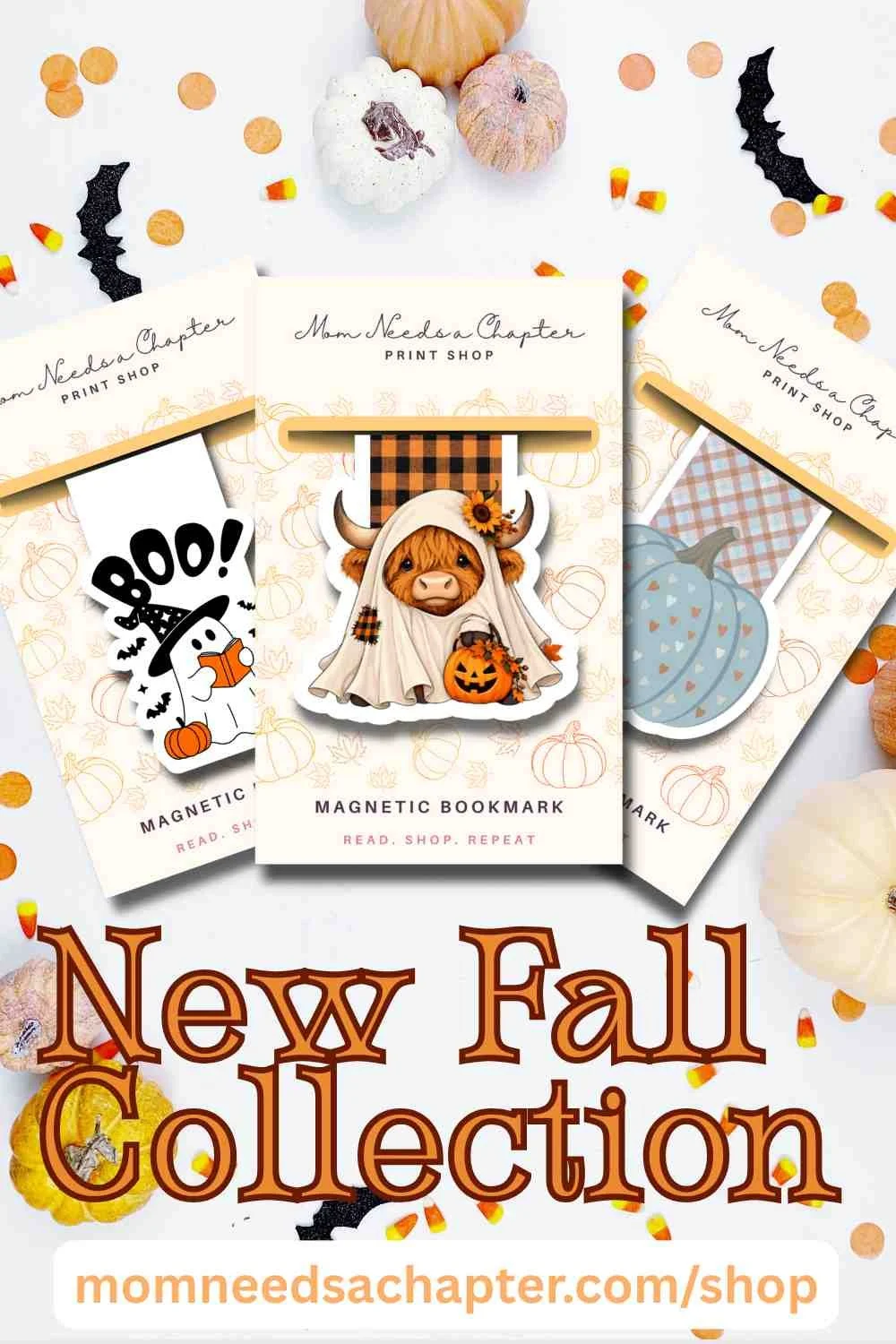 Fall bookmark collection from Mom Needs a Chapter featuring autumn-themed magnetic bookmarks with pumpkins, plaid, floral designs, a Highland cow, and Halloween-inspired artwork for book lovers and cozy fall reading.