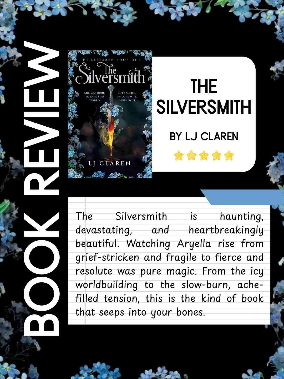 Blog graphic for the 5-star review of The Silversmith by LJ Claren, book 1 of the Selvaren series
