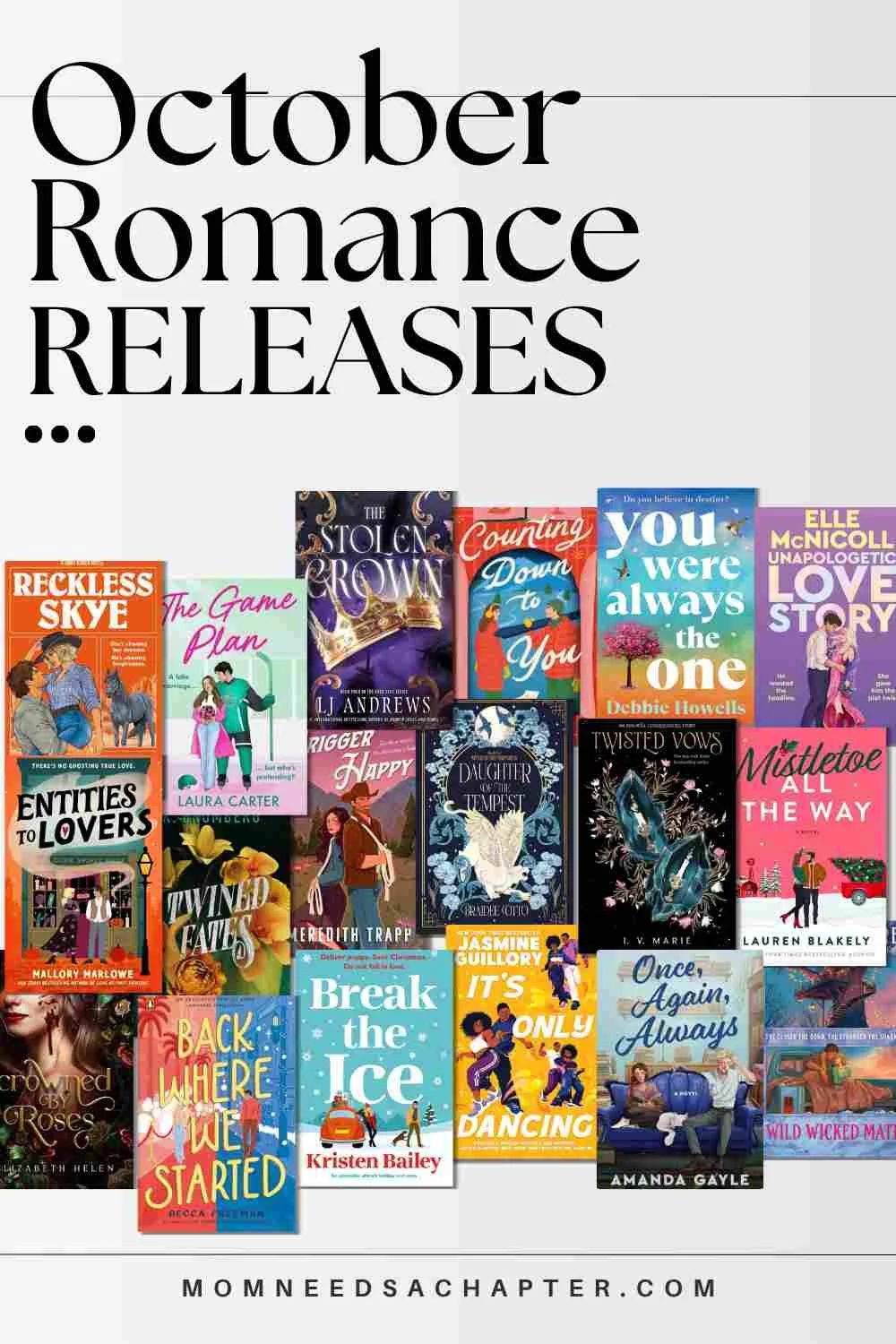 Pinterest graphic for the October Romance Releases blog post on momneedsachapter.com featuring collage of book covers for romance books being released in October 2026.