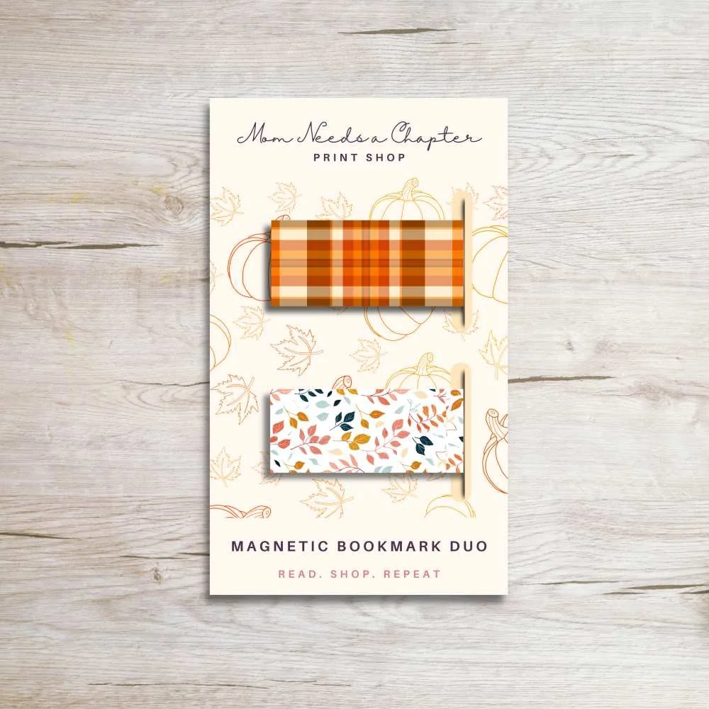 Fall Plaid & Autumn Floral Magnetic Bookmark Duo