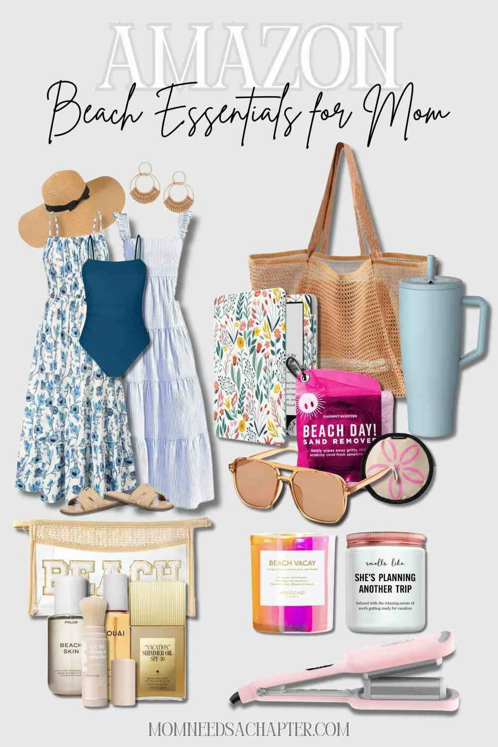 Beach essentials for moms featuring summer vacation must-haves and beach day accessories.