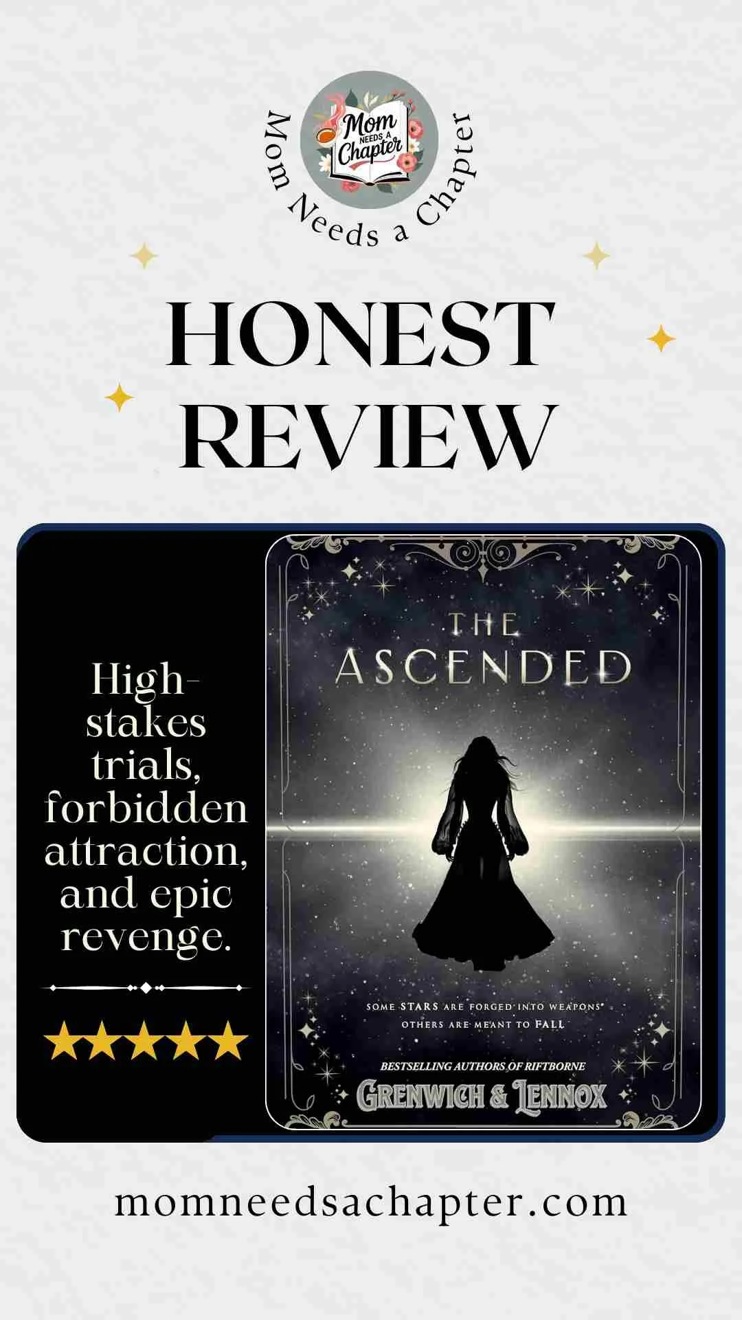 Blog graphic for the 5-star review of the romantasy The Ascended by Grenwich & Lennox