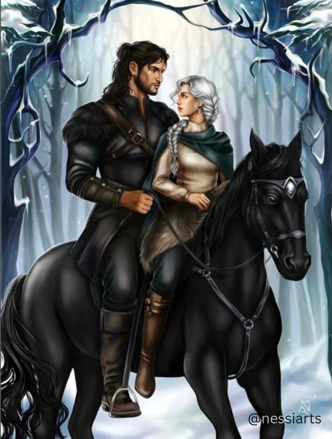 Character art from The Silversmith by LJ Claren featuring a dark-haired warrior and silver-haired heroine riding a black horse through a snowy enchanted forest in this fantasy romance illustration.