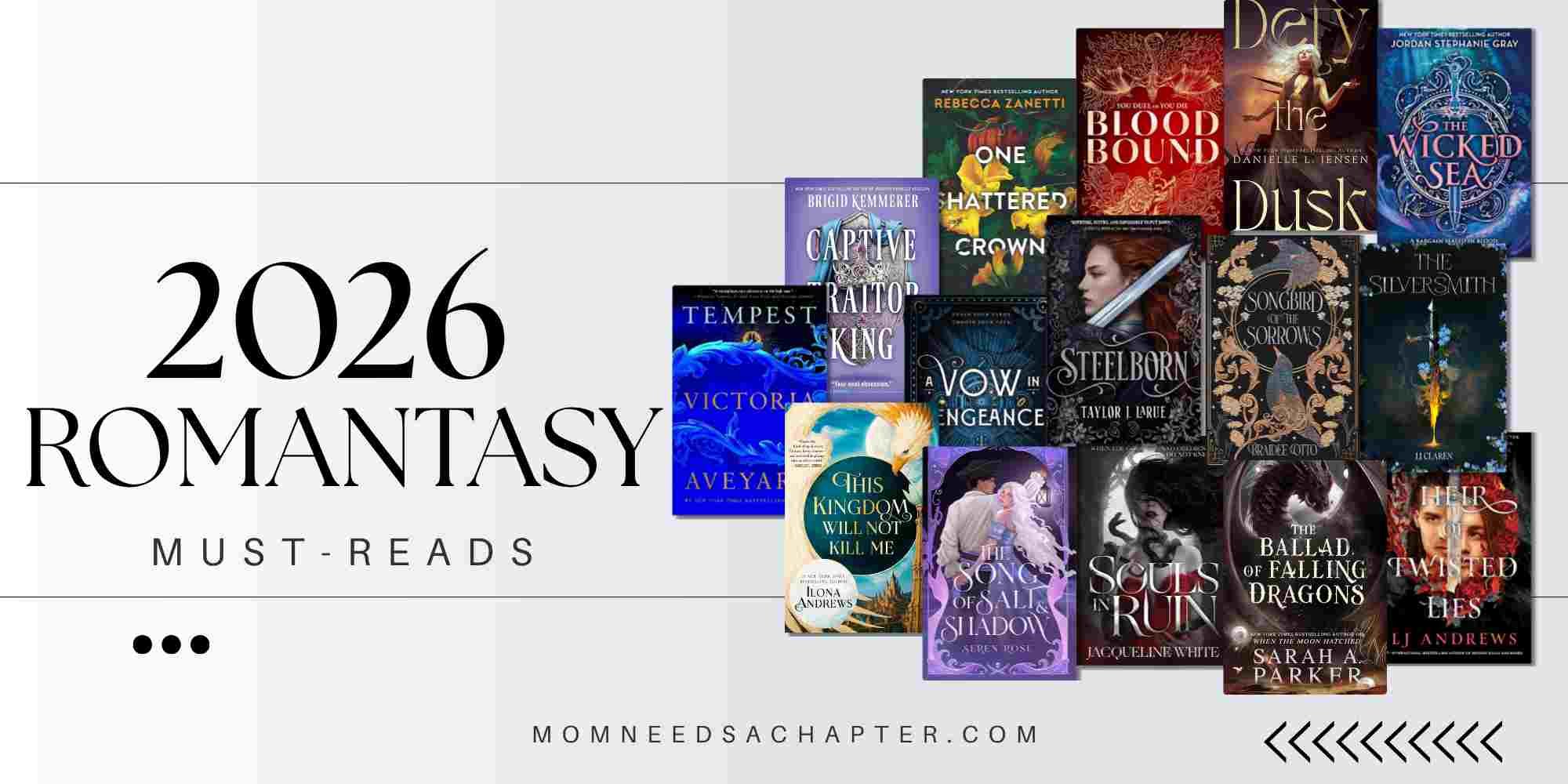 2026 Romantasy must-reads with collage with book cover graphics for 2026 romantasy releases